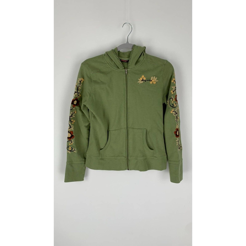 DKNY Active Women's Green Zip Up Hoodie Jacket Embroidered Floral Size Large